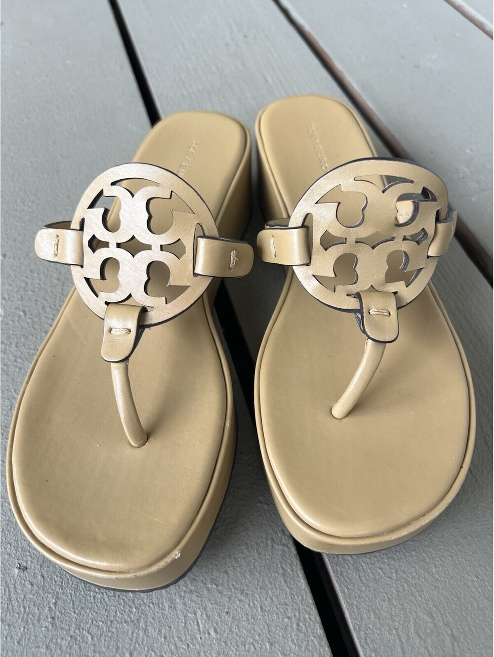 TORY BURCH Miller Wedge Sandals Ginger Shortbread Leather Women's Shoes 7.5 - Picture 6 of 15